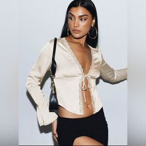 Princess Polly Champagne Bell Sleeve Tie Front Blouse